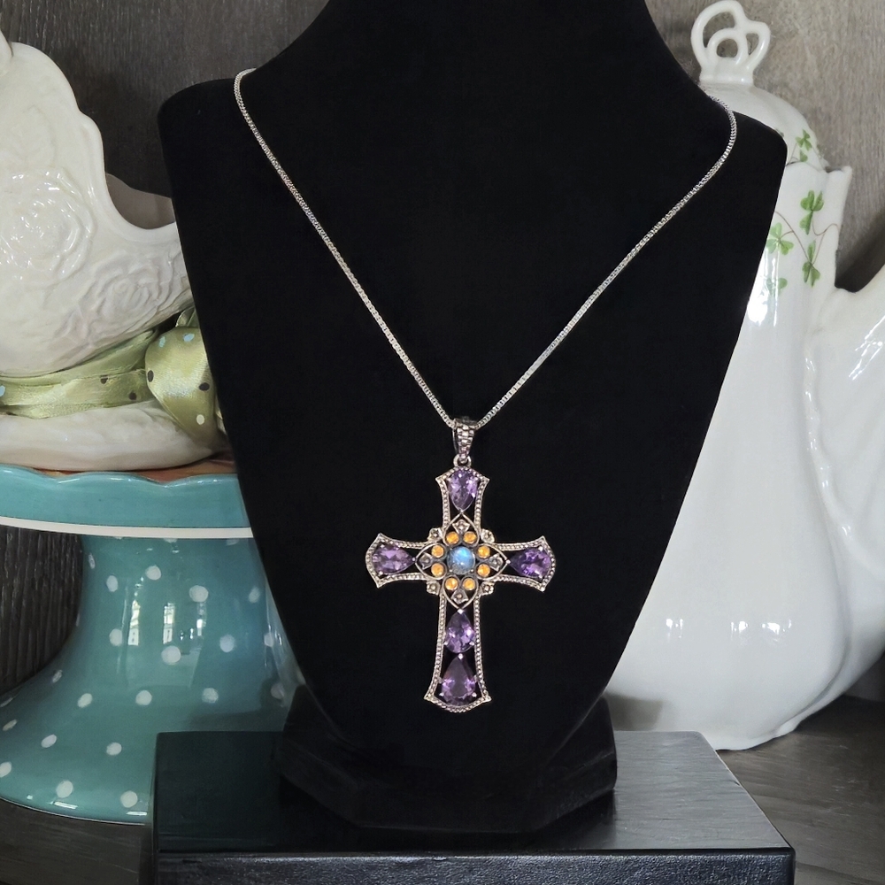 NICKY BUTLER 925 Sterling Silver Cross Pendant Necklace Amethyst Moonstone NB